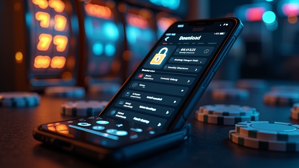 هاتف يعرض ملف APK وخيارات تحميل آمنة داخل أجواء كازينو مظلمة